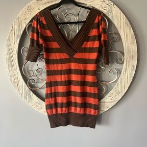 Striped V-Neck Sweater - Brown and Orange